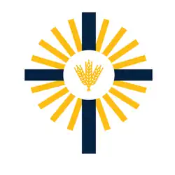 A crucifix with three ears of wheat in the centre, sun rays project out from the centre.