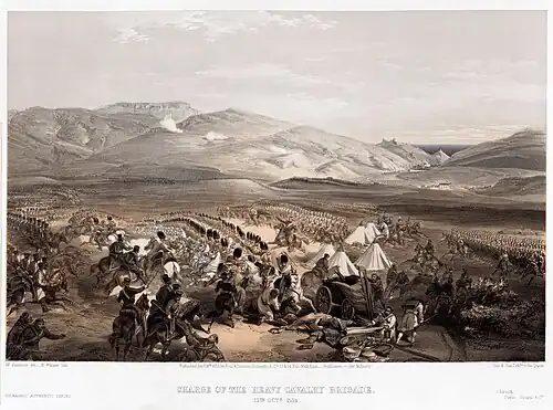 Image 4 Battle of Balaclava Artist: William Simpson; Restoration: NativeForeigner The 6th (Inniskilling) Dragoons and 5th Dragoon Guards engage the Russians in this lithograph of the "Charge of the Heavy Brigade", a short engagement during the Battle of Balaclava during the Crimean War. Russian cavalry had attacked the British camp, but in roughly ten minutes of fighting, they suffered 40 to 50 killed and more than 200 wounded and were forced to retreat. More selected pictures