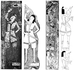 Self-portraits of the painters at Kizil. Labels in Sanskrit (Gupta script): "Painting of + (name)"