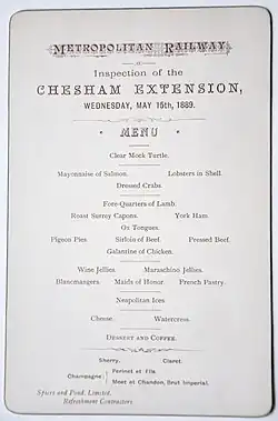 Celebration dinner menu for Metropolitan Railway extension to Chesham 15 May 1889 by Spiers & Pond Ltd