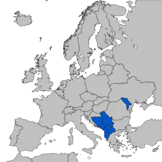 Map of Europe (grey) indicating the members of CEFTA (blue)