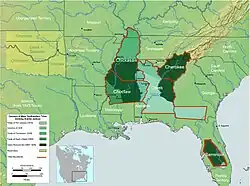 Map of the southern United States showing in dark green areas ceded by Indians.[219]