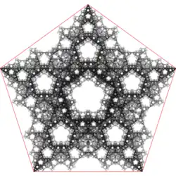 A point inside a pentagon repeatedly jumps half of the distance towards a randomly chosen vertex, but the currently chosen vertex cannot neighbor the previously chosen vertex if the two previously chosen vertices are the same.