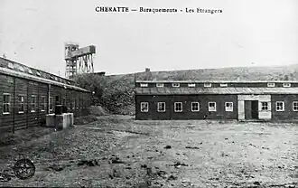 The tower of Belle-Fleur mine, the spoil tip and the house buildings.