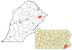 Location of Paoli in Chester County (top) and of Chester County in Pennsylvania (below)