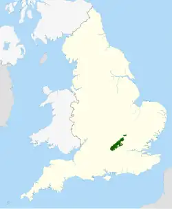 Map of England with a green area representing the location of the Chiltern Hills AONB
