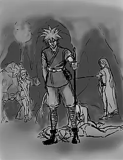 A gray scale sketch of a man standing in a cave. Additional characters are in the background.