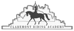 The Claremont Riding Academy logo, a black-and-white drawing showing the silhouette of a horse and rider, stylized bushes behind them, and a stylized city skyline behind the bushes. At bottom, square letters spell out Claremont Riding Academy.