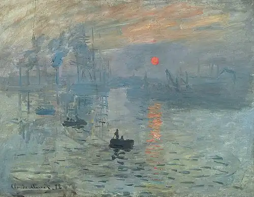 Impression, Sunrise by Claude Monet (1872) featured a tiny but vivid orange sun against a blue background. The painting gave its name to the Impressionist movement.