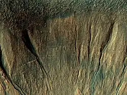 Close view of Gullies on crater wall