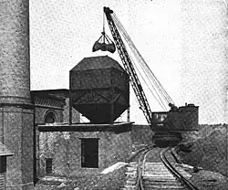 A coal crane on a curved trestle at a brick powerhouse