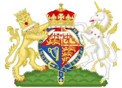 The personal coat of arms of Anne, Princess Royal displayed on a lozenge.