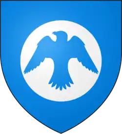 A coat of arms showing a white falcon flying out of a white moon on a sky blue field
