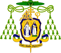 Green galero with 15 tassels on each side over a shield topped by a mitre, patriarchal cross, and crozier, along with the Latin motto "Tales ambio defensores" at the bottom