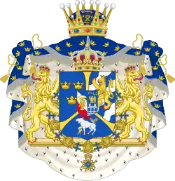 King Carl XVI Gustaf of Sweden's former arms as crown prince, with a blue mantle reflecting the Swedish princely mantle