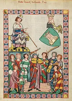 1305–1340 A.D., Zurich, Switzerland. Heinrich Frauenlob, a Minnesinger (seated, top) in the Codex Manesse. From bottom left: Tabor, recorder, shawm, vielle, vielle, psaltery, bagpipe.