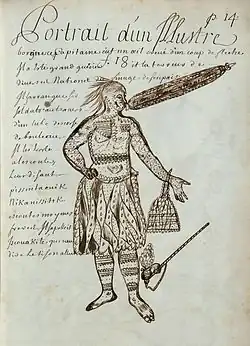 Page from the Codex canadensis, by Louis Nicolas, circa 1675 to 1682, showing a native North-American chief using a megaphone made of bark