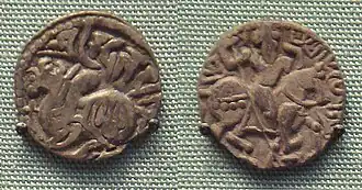 Coins of the Hindu Shahis, which later inspired Abbasid coins in the Middle East.[109]