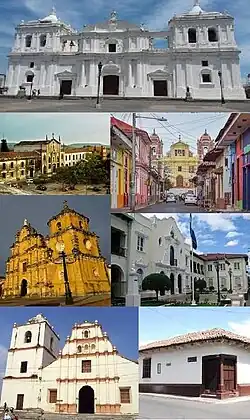 Left to right: The León Cathedral · La Asunción Catholic school · El Calvario church · La Recolección church · UNAN-León · San Juan Bautista de Sutiaba church · Rubén Darío museum