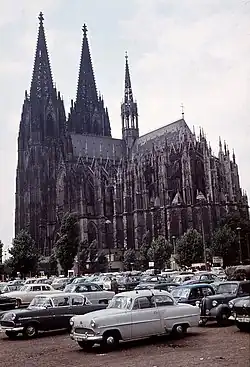 The cathedral as it appeared in the 1960s, showing the war-damaged crossing tower