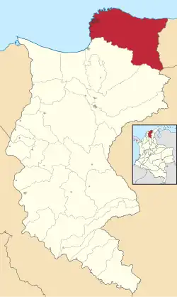 Location in the Department of Magdalena Municipality (red) City (darker red)