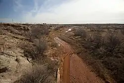 The Colorado River 5 mi (8 km) from its source along the Caprock Escarpment, the border of Dawson and Borden County.