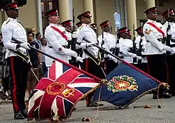 Colour party of the Royal Bermuda Regiment at Queen's Birthday Parade on Front street (at its intersection with Burnaby Street) on 10 June 2017