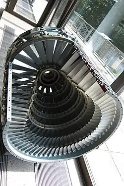 J79/CJ805 front compressor stages with VSV - shows air passage narrowing as volume of each pound of air gets smaller as pressure increases