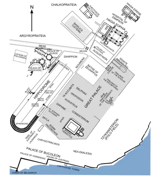 Cisterna Basilica is located to the west of Hagia Sophia and is of a similar size. The square on the left of the map marks the location of the Cistern of Philoxenos.