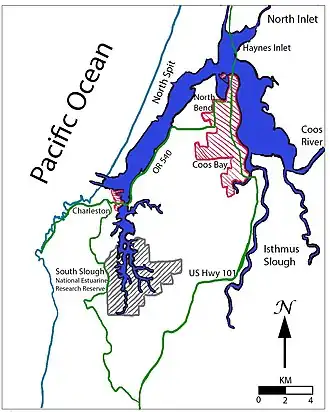 A map of Coos Bay, with key locations labelled. This map is based on figure 1.20 from Rumrill, (2008). "The Ecology of the South Slough Estuary: Site Profile of the South Slough National Estuarine Research Reserve."