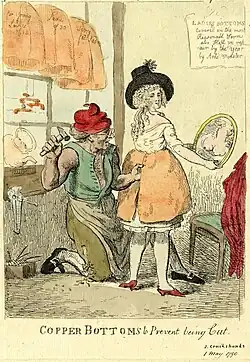 A tailor fits a copper petticoat to a woman