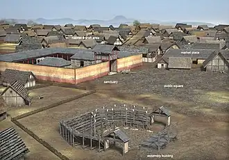 Reconstruction of the Corent oppidum, La Tène period.[8]
