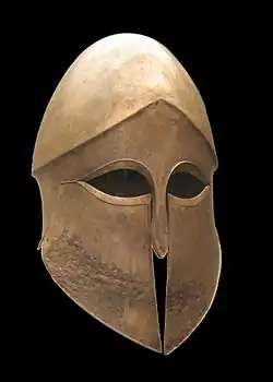 Ancient Greek bronze Corinthian helmet, c. 500 BCE, Staatliche Antikensammlungen