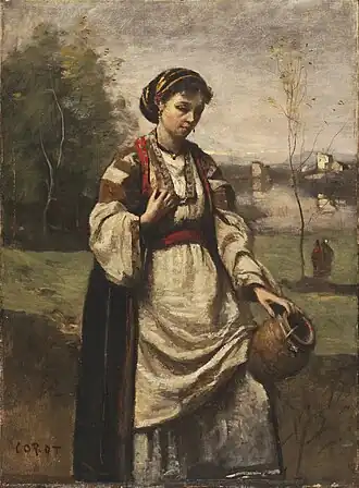 Painting of a Romani woman at a fountain in France, by Jean-Baptiste-Camille Corot, c. 1865-1870
