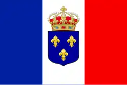 The French tricolore with the royal crown and fleur-de-lys was possibly designed by the Henri, Count of Chambord, in his younger years as a compromise, but which was never made official, and which he himself rejected when offered the throne in 1870.[32]