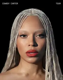 The poster features Beyoncé's bust facing the camera, wearing red lipstick and white braided hair. The background is black with the words "Cowboy Carter Tour" written on top.