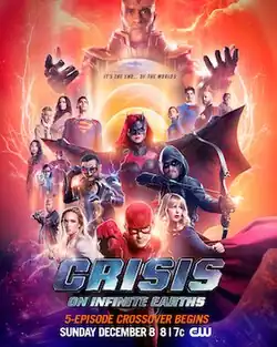 The Monitor looming over various Arrowverse characters. White Canary, Black Lightning, Batwoman, Flash, Green Arrow, and Supergirl are prominently featured in the foreground.