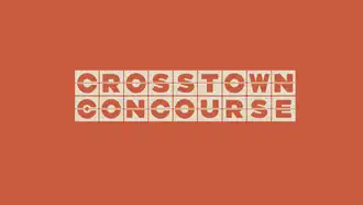 A stylized beige-on-orange all-caps typeface saying, one word atop the other, "CROSSTOWN CONCOURSE"
