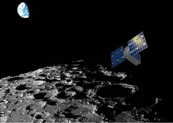 A small CubeSat with deployed solar panels orbits the moon