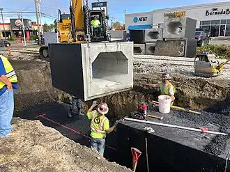 A concrete culvert section being lowered into a trench