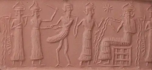Akkadian cylinder seal representing three gods introducing a half bird, half man creature before the enthroned Enki.