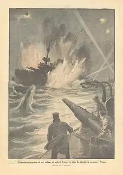 Sinking of the coastal defence ship SMS Wien, cover of La Domenica del Corriere, 1917
