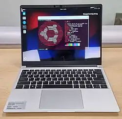 Framework Laptop 13 containing DC-ROMA RISC-V AI PC motherboard of DeepComputing running Ubuntu 24.04