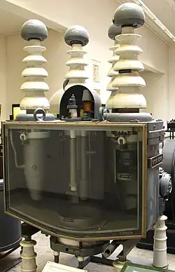 Cut-away model of early high-voltage steel-tank rectifier rated at 50 kV, 30 A