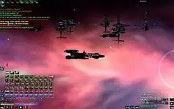 A black spaceship backlit by a pink cloud in space. Several other ships gather in the distance.