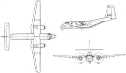 3-view line drawing of the de Havilland Canada C-7A Caribou