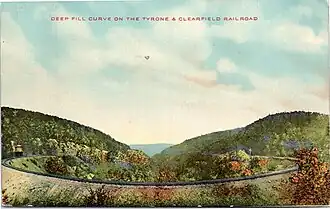 Curving railroad on embankment