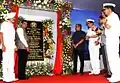 Defence Minister Manohar Parrikar, Maharashtra Chief Minister Devendra Fadnavis, the Chief of the Naval Staff Admiral Robin K. Dhowan and other dignitaries at the undocking of INS Kalvari