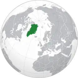 Location of Greenland (dark green) in the Kingdom of Denmark (light green)