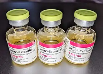 Depo-Estradiol 5 mg/mL (estradiol cypionate in oil solution) vials. Used by depot intramuscular injection.